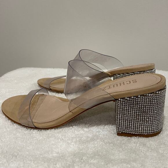 NEW SCHUTZ Victorie PVC Crystal Transparent Strap Leather Mule Sandals Beige 6B - Picture 4 of 11